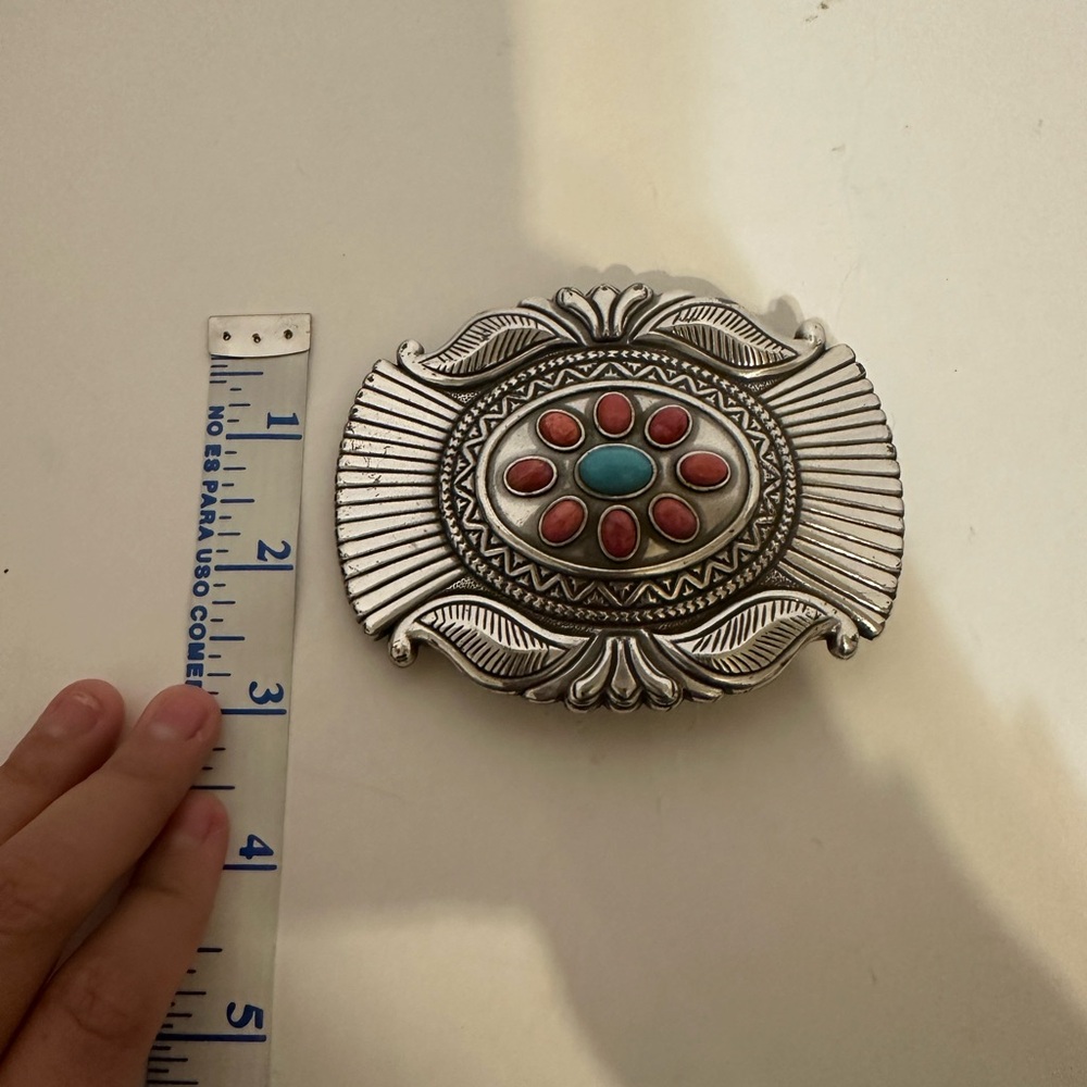 Navajo Sterling Silver Belt Buckle with Red and Green Stones